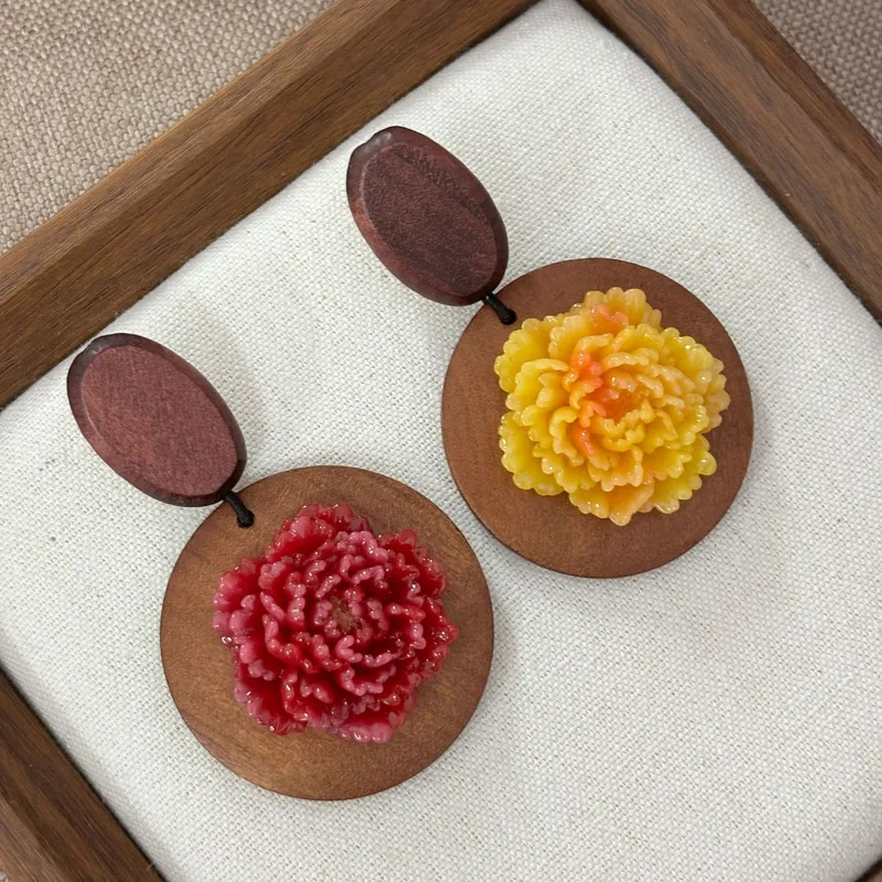 Resin Art Earrings Design - National style wood art peony flower