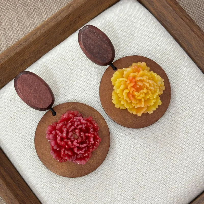 National style wood art peony  - đánh giá và giá Resin Art Earrings Design
