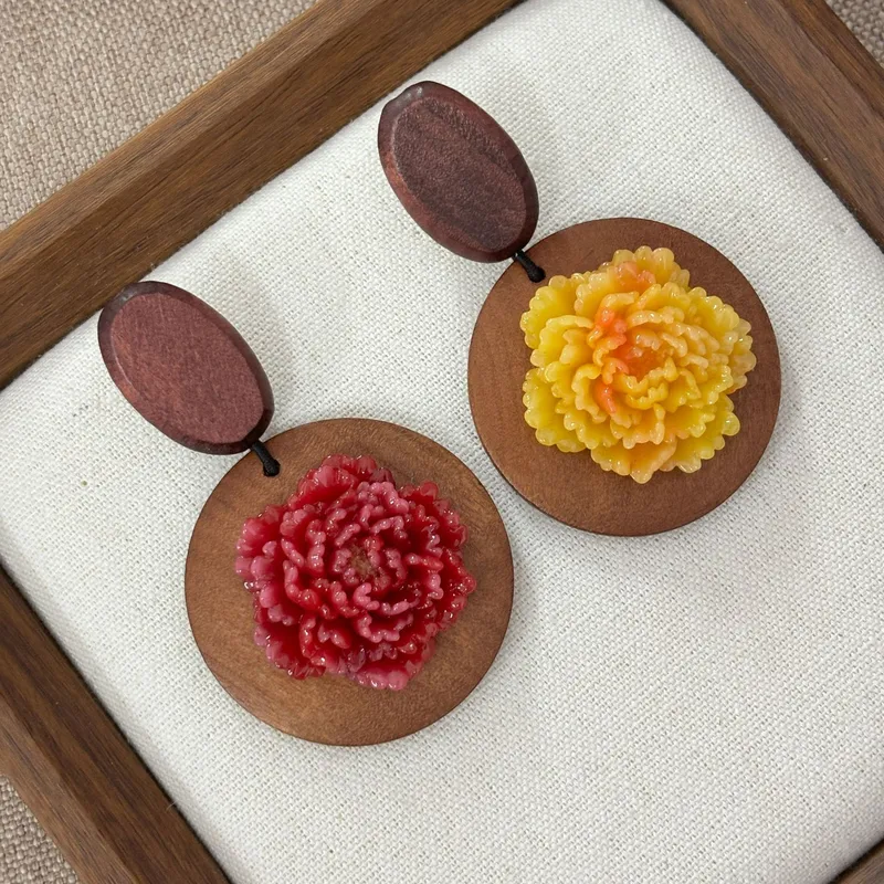 National style wood art peony  - đánh giá và giá Resin Art Earrings Design
